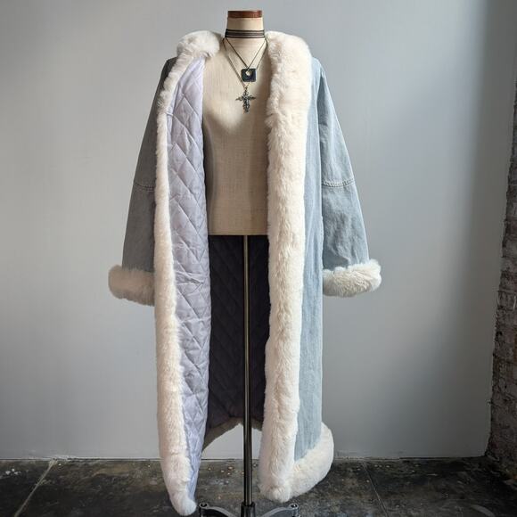 Y2K Faux Fur Penny Lane Afghan Coat Denim Trench Coat 90s Boho Jean Jacket Med - Picture 4 of 8